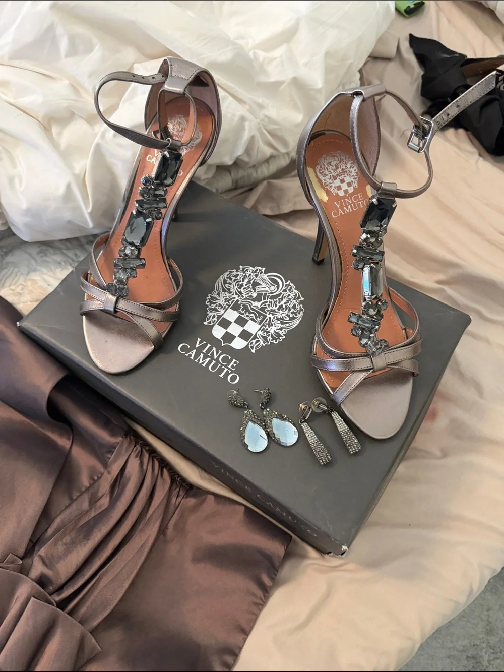 Vince Camuto Metallic Taupe Jeweled T-Strap Heels